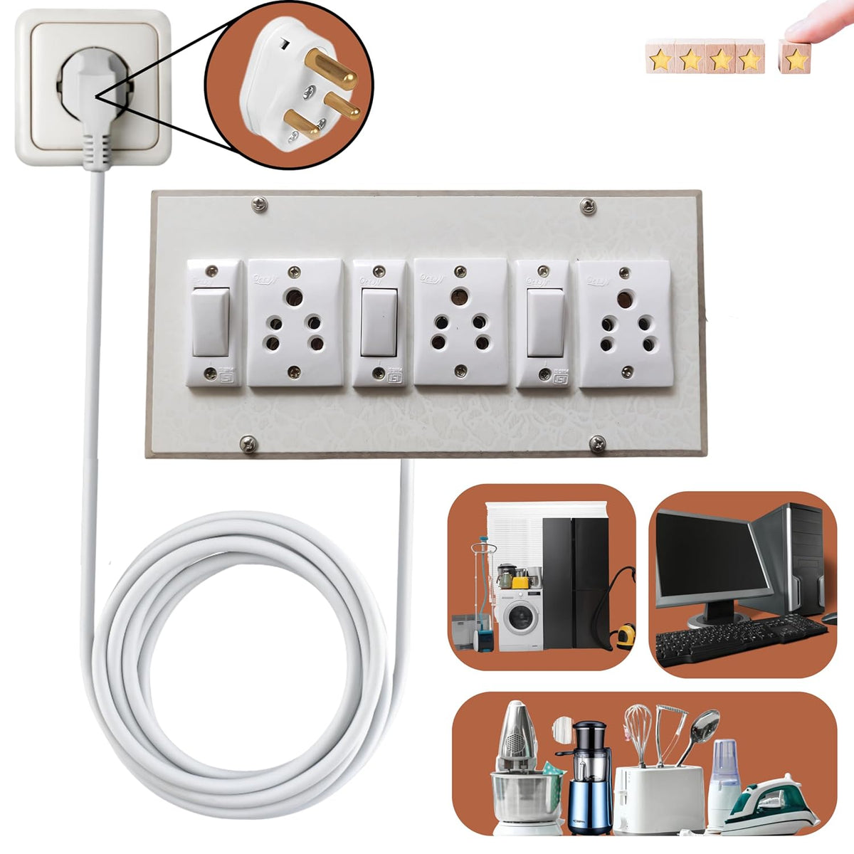 Anchore wooden 3-socket extension board with 2.5 meter cable
